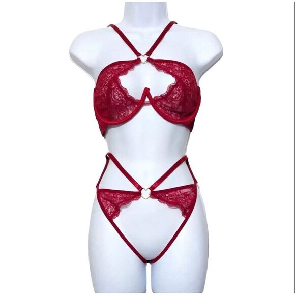 Frederick’s of Hollywood Red Floral Lace Bra Set Lover L/XL - Picture 11 of 12